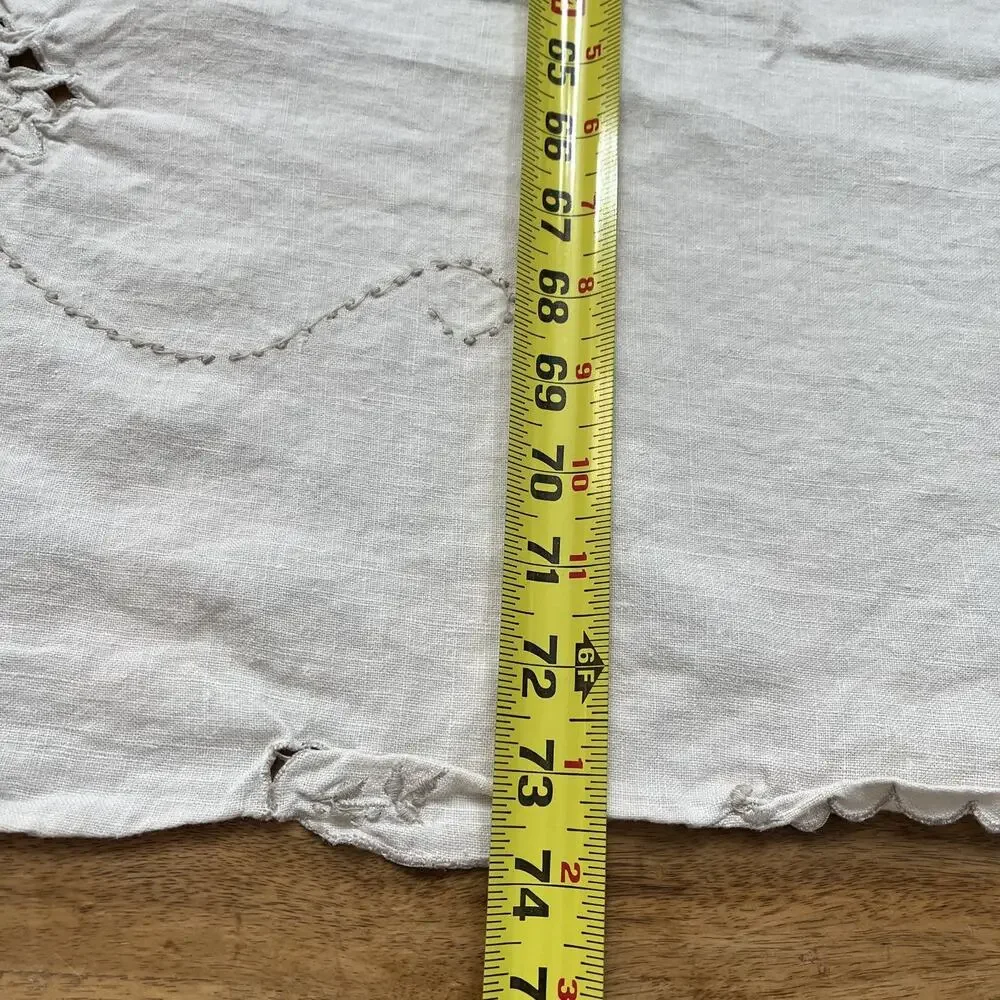 Vintage Floral Embroidery Tan Linen Tablecloth Scalloped Edges 73 x 54